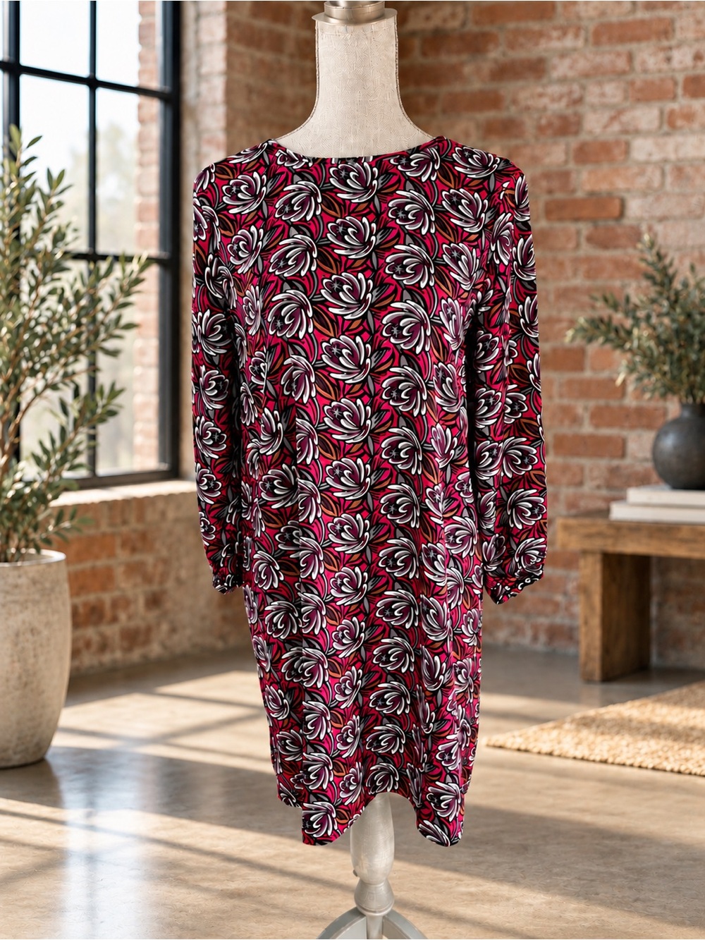 LOFT Red and Black Floral Long Sleeve Shift Dress